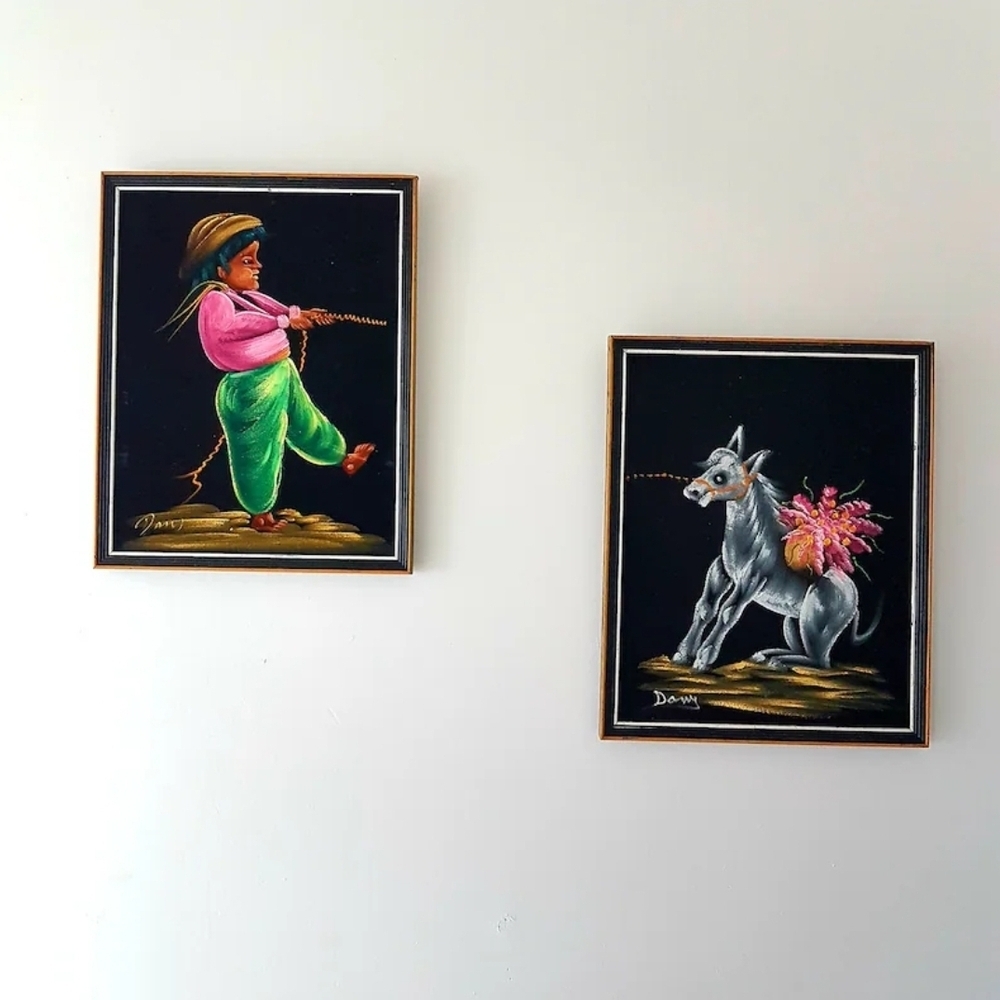 2 pc Black Velvet Paintings, Signed, Mexican Boy Pulling a Donkey, Pop Art